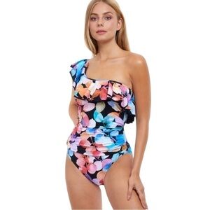 New! Profile‎ by Gottex Color Rush Black Ruffle One Shoulder One Piece Swimsuit